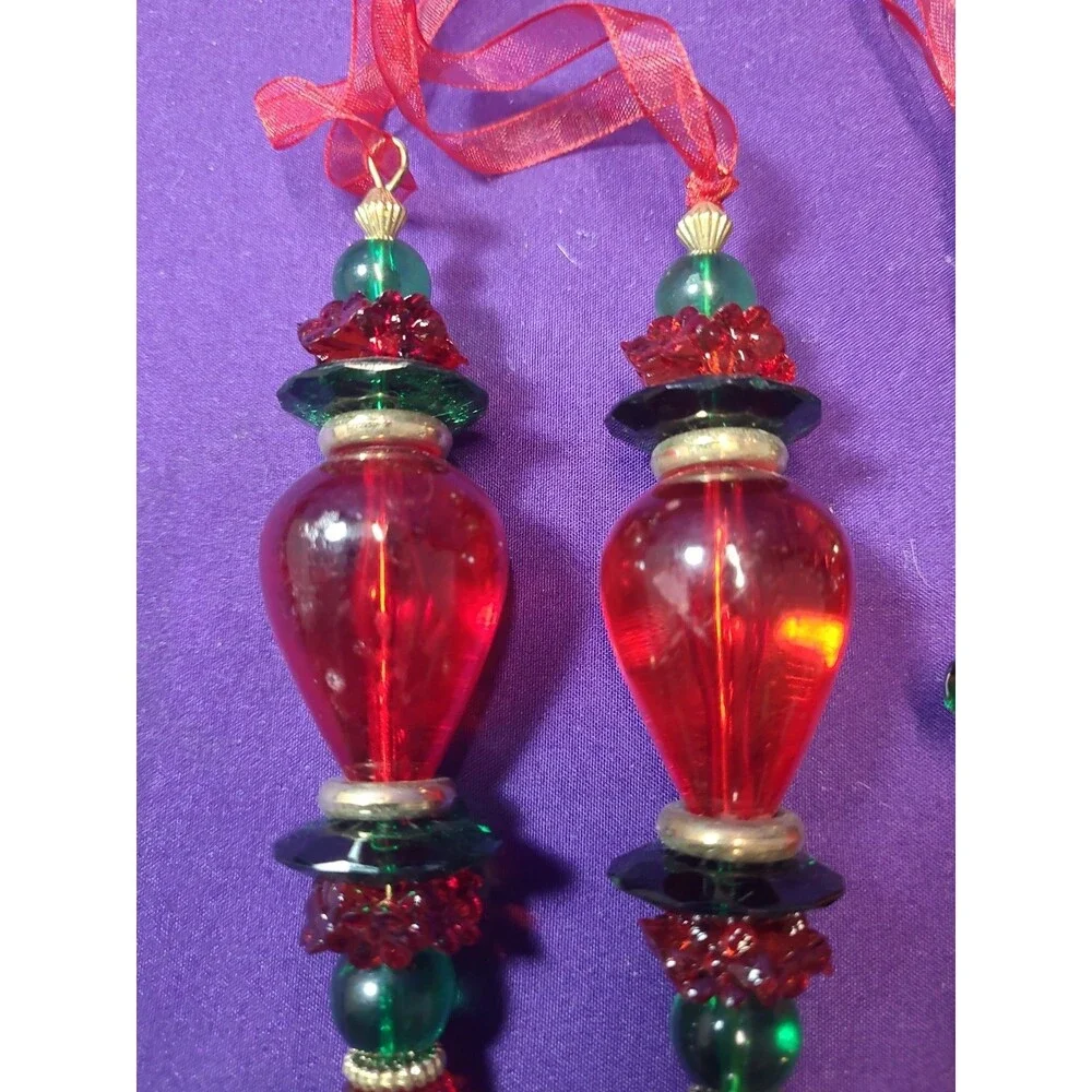 Lot Of 4  Red/Green/Gold Plastic Finial Hanging Ornament With Ribbon Hanger